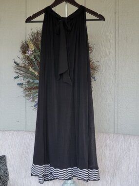 VTG icE Black Halter Neck Swing Dress Mesh Overlay Striped Hem 8